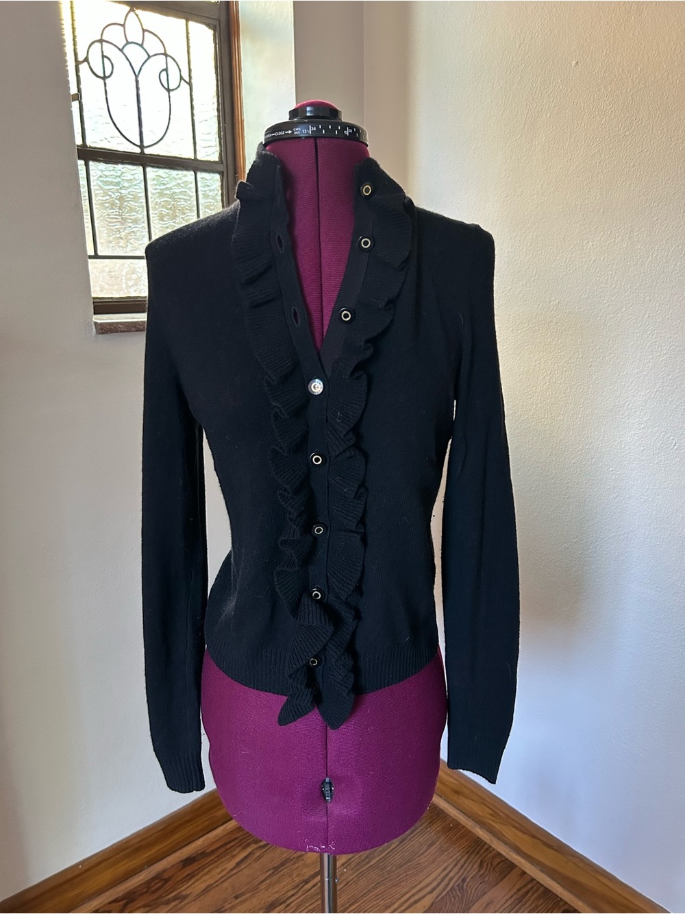 ·Tory Burch· Black Wool Blend Ruffle Cardigan Size XS